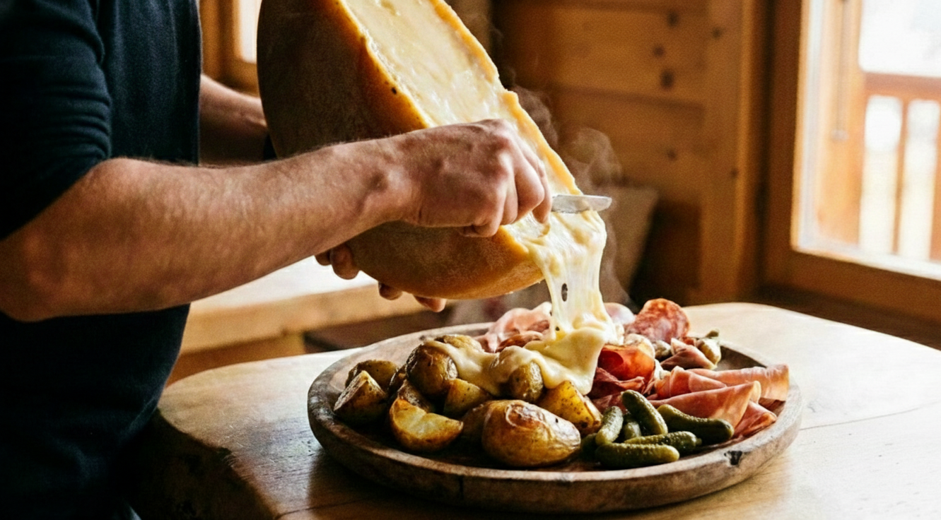 Cheese Me Raclette - Melted cheese being poured over potatoes and charcuterie